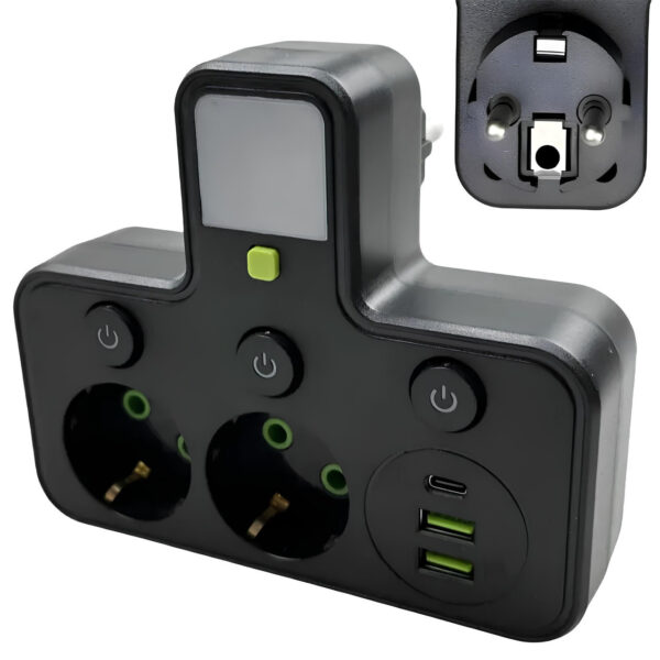 Сетевой фильтр с подсветкой 2500Вт, 2 розетки, 2хUSB + Type-C, HG-275, Черный / Разветвитель в розетку / Сетевой тройник