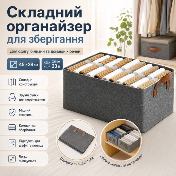 Складная коробка-органайзер для хранения одежды и вещей 23 л с ручками, текстильная, размер 45×28 см