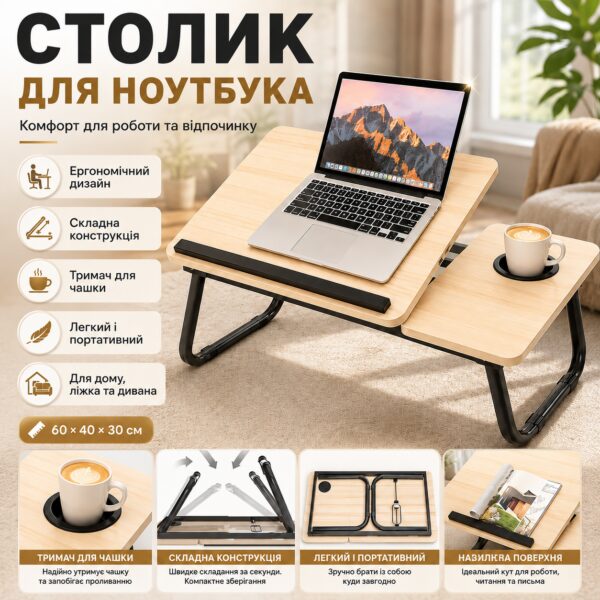 Стол для ноутбука и планшета, 60×40×30см, Светлое дерево / Раскладной столик для дома / Портативный стол для ноутбука