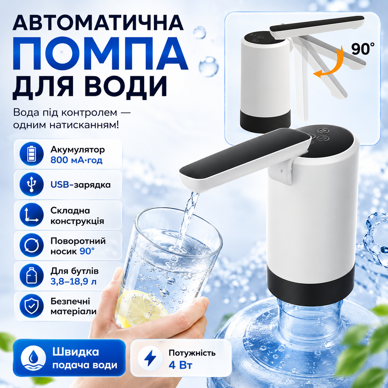 Автоматическая помпа для воды, 3 режима, Черно-белая / Складная помпа на бутыль / Электрическая помпа для воды
