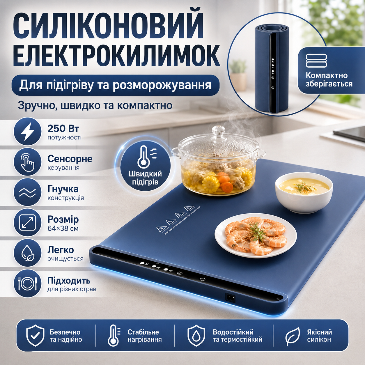 Электроковрик для подогрева пищи силиконовый, 64x38 см, 250W, Синий / Размораживающий коврик / Термоковрик для посуды