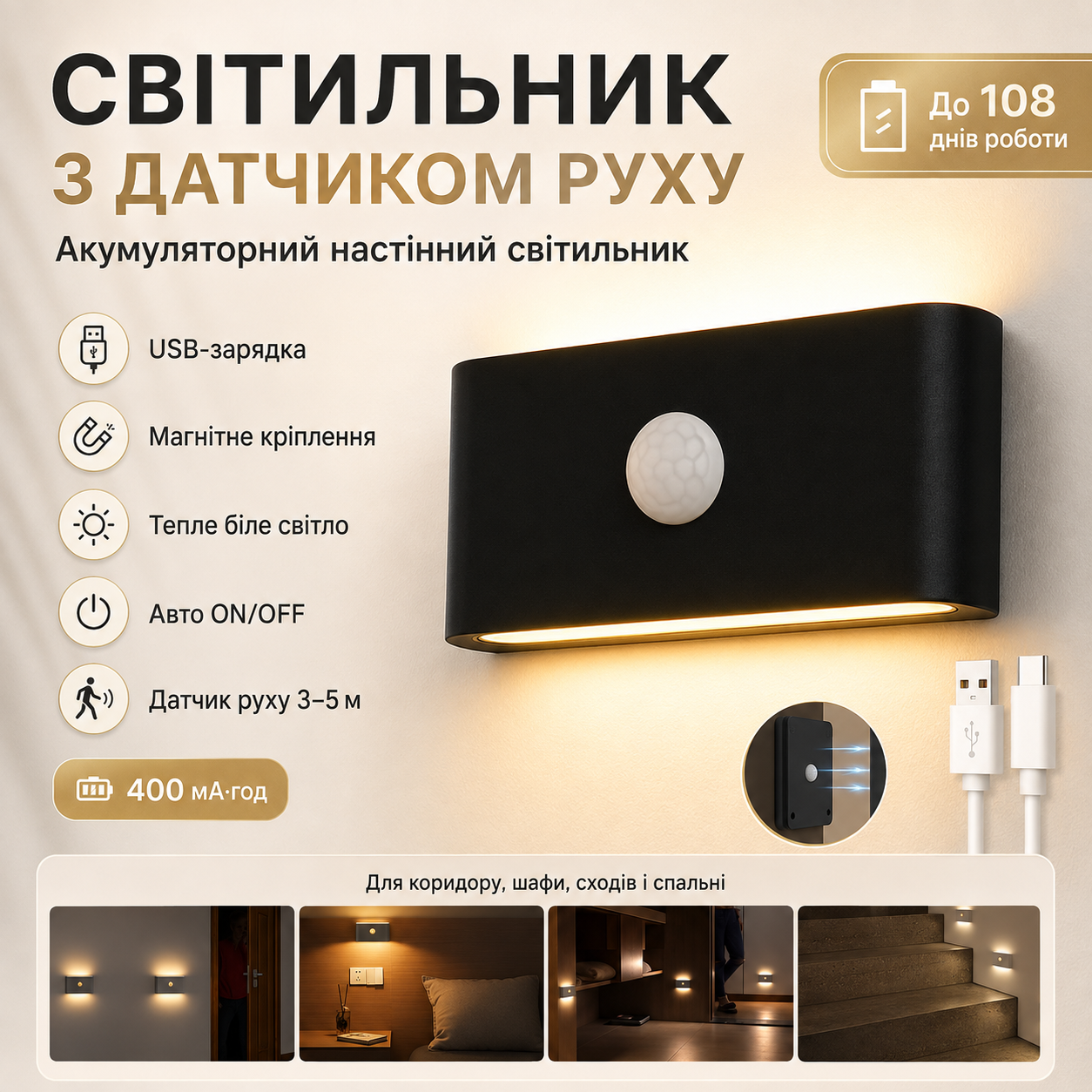 Настенный светильник с датчиком движения, от USB (9,8х5,5см) Черный / Аккумуляторный светильник на стену