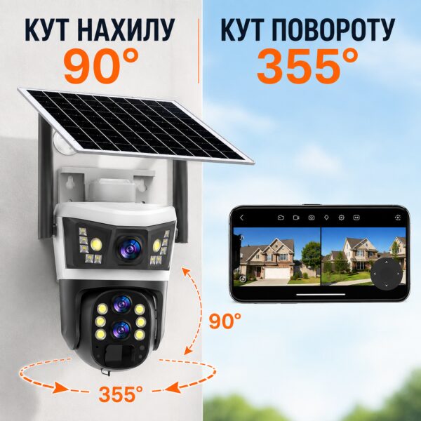 Уличная камера видеонаблюдения 4G 12 Мп с солнечной панелью и 3 объективами V39