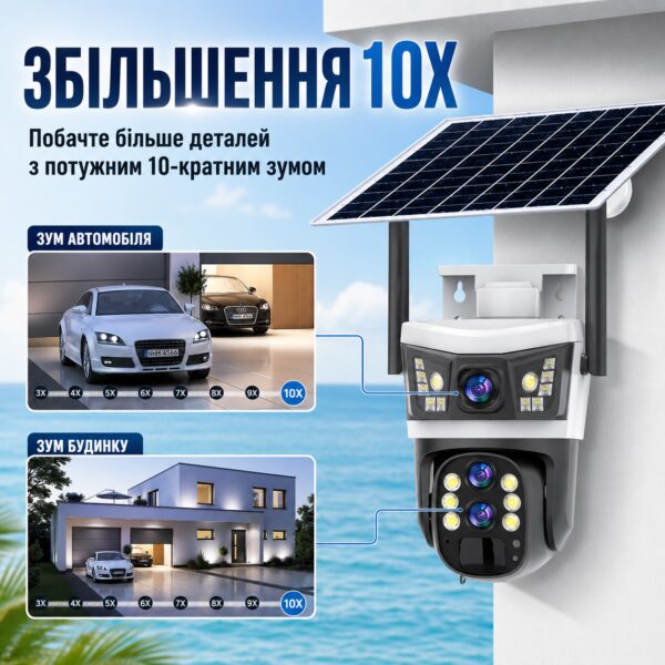 Уличная камера видеонаблюдения 4G 12 Мп с солнечной панелью и 3 объективами V39