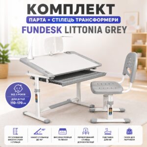 Набор школьная парта и стул с регулировкой высоты Fundesk Littonia Grey с лампой и подставкой для книг Серый