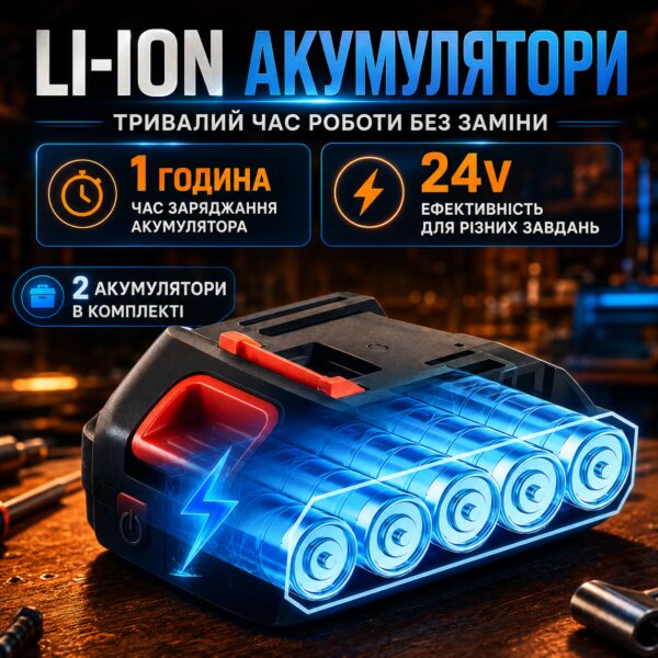 Аккумуляторный шуруповёрт 24V двухскоростной с LED подсветкой и набором инструментов в кейсе