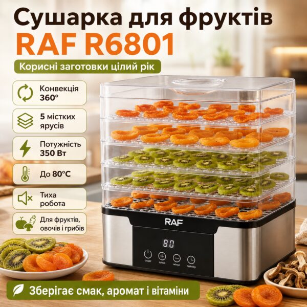 Сушилка для фруктов на 5 ярусов, 350Вт, RAF R6801, Серый / Электросушилка для фруктов и овощей / Электрическая сушка для овощей