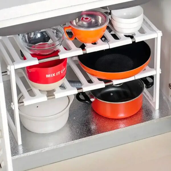 Регулируемая кухонная полка, 38-70 см, KITCHEN RACK, Белый / Раздвижной стеллаж для хранения посуды под раковину