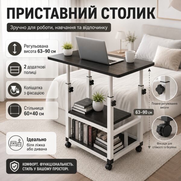 Прикроватный столик с регулируемой высотой 60х40 см, Черный / Приставной столик / Столик для ноутбука / Столик на колесах