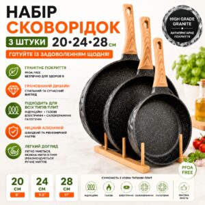Набор сковород (3 шт), 20-24-28 см, гранитное покрытие, граненый дизайн, без крышек