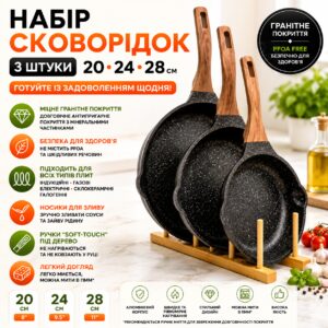 Набор сковородок, 3 шт 20-24-28 см, с гранитным покрытием, без крышек. Черный (BW2-21)