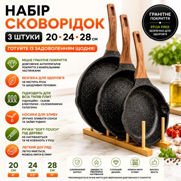 Набор сковородок, 3 шт 20-24-28 см, с гранитным покрытием, без крышек. Черный (BW2-21)