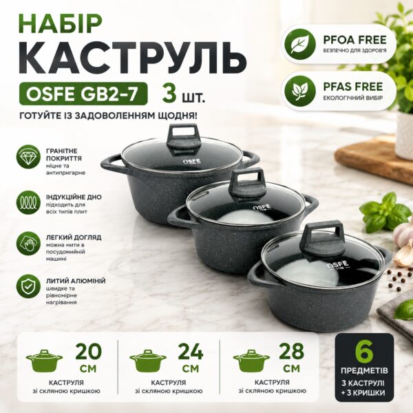 Набор кастрюль OSFE GB2-7, 3 шт из литого алюминия, 20/24/28 см. Графитовый (GB2-7)