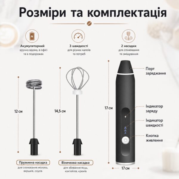 Портативный капучинатор Milk Frother 3 в 1 с 3 скоростями и сменными насадками, аккумуляторный вспениватель молока 1200 мАч USB,