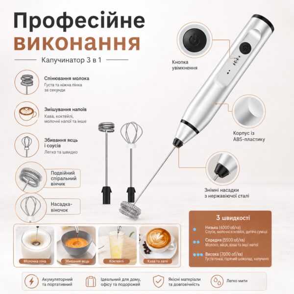 Портативный капучинатор Milk Frother 3 в 1 с 3 скоростями и сменными насадками, аккумуляторный вспениватель молока 1200 мАч USB,