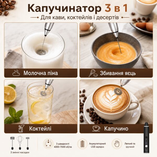 Портативный капучинатор Milk Frother 3 в 1 с 3 скоростями и сменными насадками, аккумуляторный вспениватель молока 1200 мАч USB,