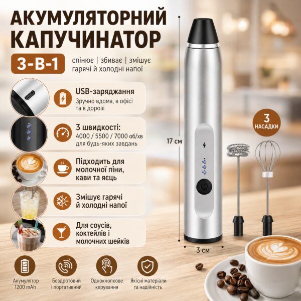 Портативный капучинатор Milk Frother 3 в 1 с 3 скоростями и сменными насадками, аккумуляторный вспениватель молока 1200 мАч USB,