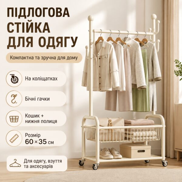 Напольная стойка-вешалка для одежды 60×35 см с перекладиной, боковыми крючками, корзиной, полкой для обуви и колесиками