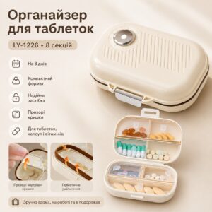 Органайзер для таблеток, на 8 дней, LY-1226, Бежевый / Таблетница / Кейс для таблеток / Контейнер для таблеток