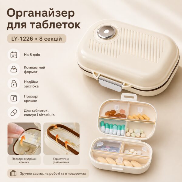 Органайзер для таблеток, на 8 дней, LY-1226, Бежевый / Таблетница / Кейс для таблеток / Контейнер для таблеток