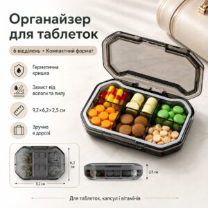 Таблетница герметична на 6 отделений, Серый / Органайзер для таблеток L1225 / Контейнер для лекарства