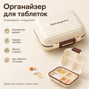 Органайзер для таблеток на 4 отделения, Shishangsaina, Бежевый / Кейс для лекарства / Контейнер для таблеток / Таблетница дорожная