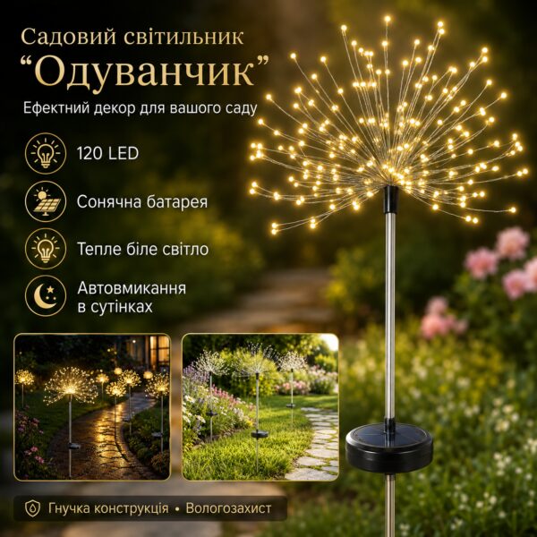 Садовый светильник на солнечной батарее Одуванчик, 120 LED, Желтый / Уличный фонарь газонный / Декоративный светильник для сада
