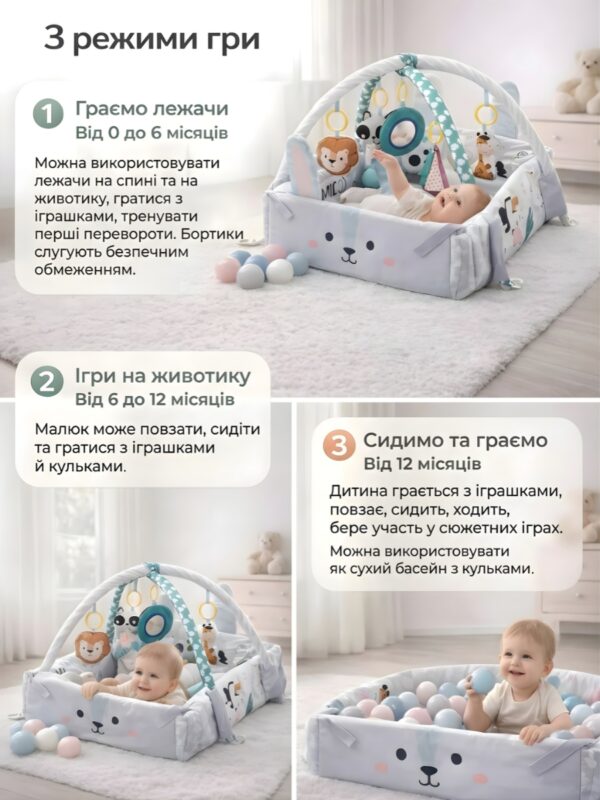 Развивающий коврик Кролик 3в1 с мягкими бортиками и подушкой 102х110 см Серый