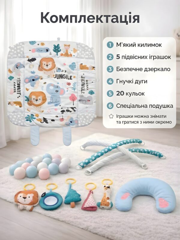 Развивающий коврик Кролик 3в1 с мягкими бортиками и подушкой 102х110 см Серый