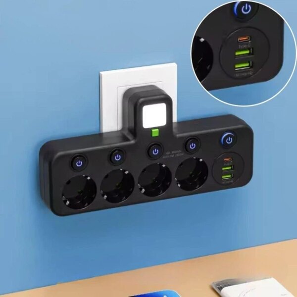 Сетевой фильтр - четверник с портами USB, Type-C и подсветкой Cargar переходник на 4 розетки с выключателями, черный