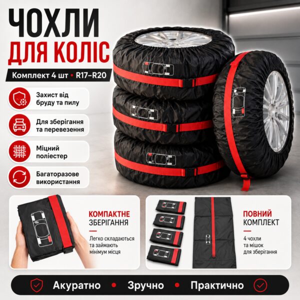 4 шт Чехлы для шин R17-R20, Черные с красным / Комплект чехлов для колес / Чехлы на запаску / Чехлы для колес