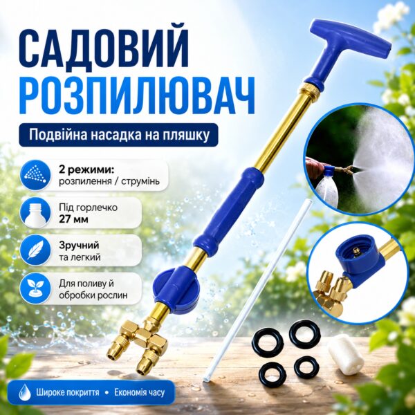 Садовый опрыскиватель на бутылку с двумя головками 38см, Синий / Ручной распылитель для бутылки с двумя режимами