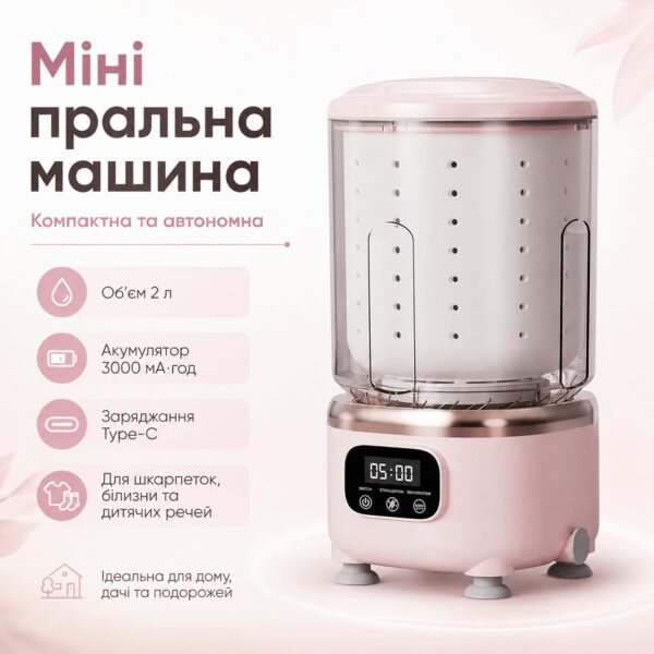 Мини стиральная машина 2 л, на аккумуляторе ND 366, 3000 мАч, Type-C, Розовая / Портативная стиральная машинка / Компактная стирал