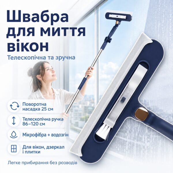 Швабра для окон телескопическая D 365 120х25 см, Синий / Поворотная швабра для мытья окон с щеткой / Швабра-щетка для мытья стекла