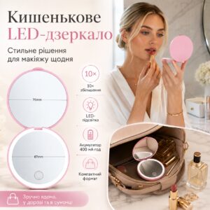 Косметическое зеркало с LED подсветкой от USB, Розовый / Зеркало карманное / Зеркальце для макияжа