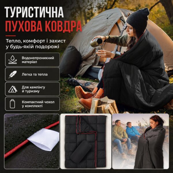 Туристическое складное одеяло для кемпинга 200×140 см с водоотталкивающим покрытием DWR и сумкой-чехлом, 780 г, черное
