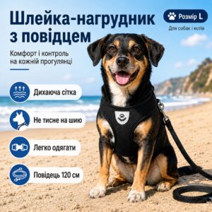 Поводок-нагрудник для собак и кошек, 120 см, Размер L, Черный L5930 / Поводок для животных / Шлейка жилет / Поводок для собак