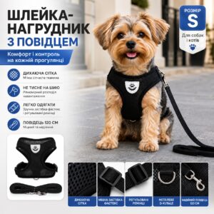 Шлейка-нагрудник с поводком для собак и котов размер S, черная дышащая сетчатая, обхват груди 34 см, поводок 120 см