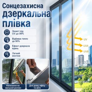 Солнцезащитная пленка для тонирования окон 3м (ширина 90см), Серебристый / Зеркальная пленка от солнца / Фольга на окна