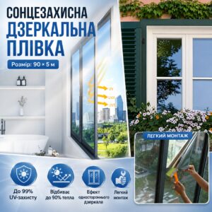 Зеркальная солнцезащитная пленка на окна 90 см × 5 м, серебристая тонировочная пленка с UV-защитой