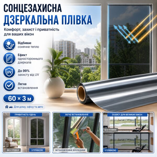 Теплоотражающая зеркальная пленка для стекол 60×300 см, серебристая UV-защита для окон дома, офиса и авто