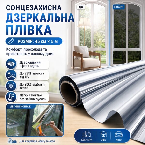 Солнцезащитная зеркальная пленка для окон 45 см × 5 м, теплоотражающая тонировочная пленка с эффектом одностороннего зеркала