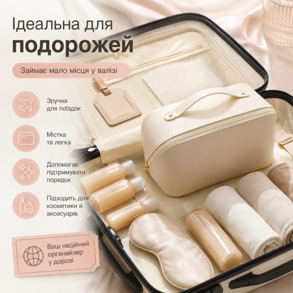 Белая женская косметичка AND XL-1010 для путешествий, вместительный органайзер из экокожи на молнии с 7 отделениями