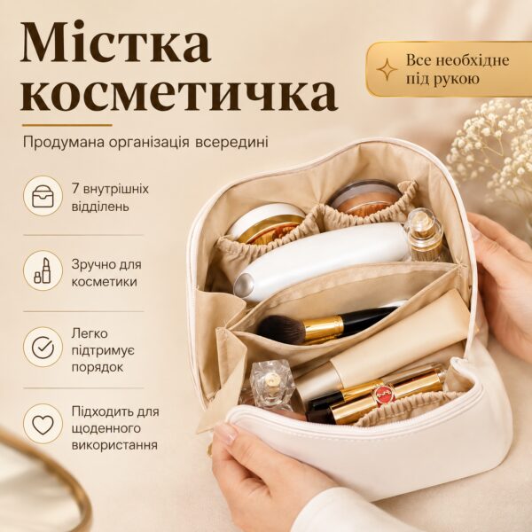Белая женская косметичка AND XL-1010 для путешествий, вместительный органайзер из экокожи на молнии с 7 отделениями
