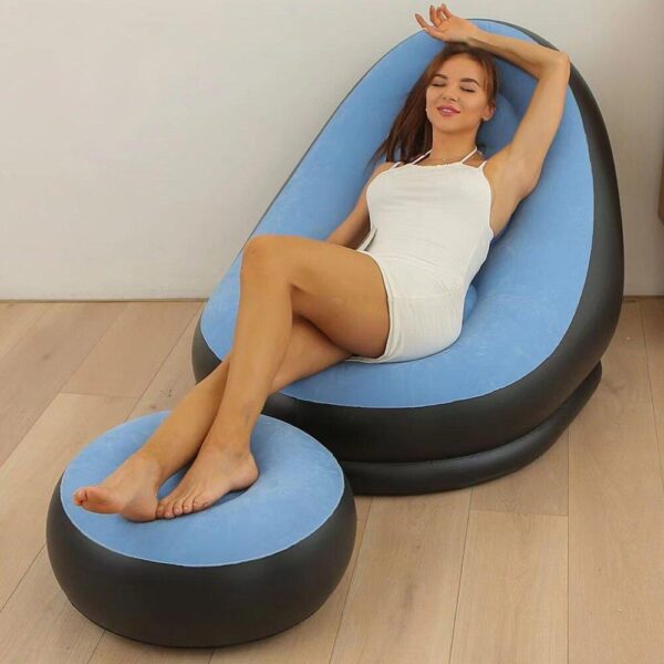 Надувной диван с пуфом Air Sofa и насосом для комфортного отдыха в ярком голубом цвете