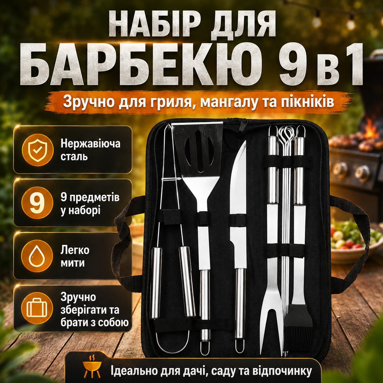 Набор для гриля и барбекю 9в1 из нержавеющей стали, Черный / Комплект инструментов для шашлыка / Инструменты для барбекю