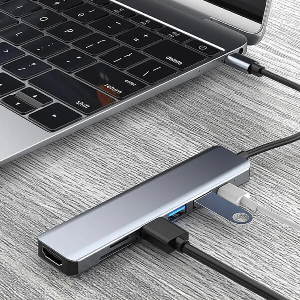 USB хаб 7в1, Type-C to HDMI + SD + TF + 3хUSB + PD, Серый / USB разветвитель для ноутбука / ЮСБ хаб