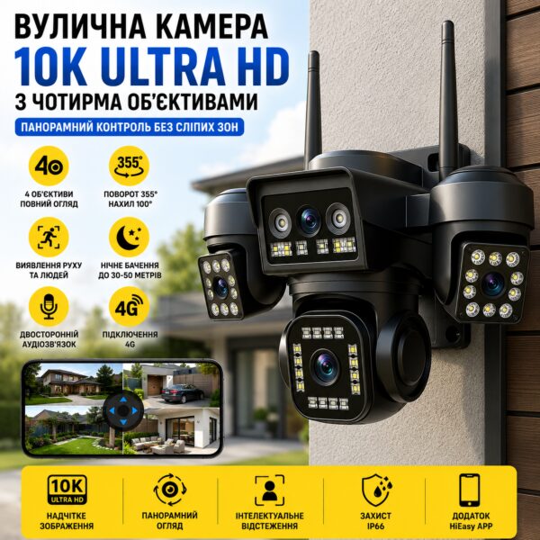 Поворотная влагозащитная 4G камера 4 линзы / Поворотная камера V380 PRO
