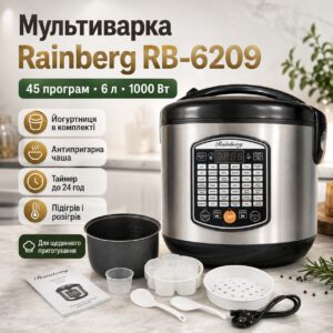 УЦЕНКА! Мультиварка Rainberg RB-6209 6 л 1000 Вт с 45 программами, LED-дисплеем, антипригарной чашей (Вмятина 3600)