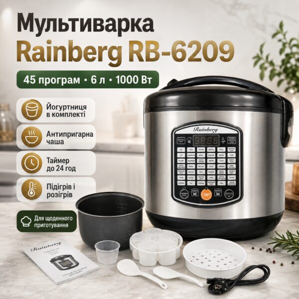 УЦЕНКА! Мультиварка Rainberg RB-6209 6 л 1000 Вт с 45 программами, LED-дисплеем, антипригарной чашей (Вмятина 3600)